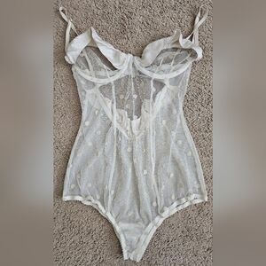 Victorias Secret Retro Pinup Sheer White Mesh Ruffled Polka Dot Bodysuit